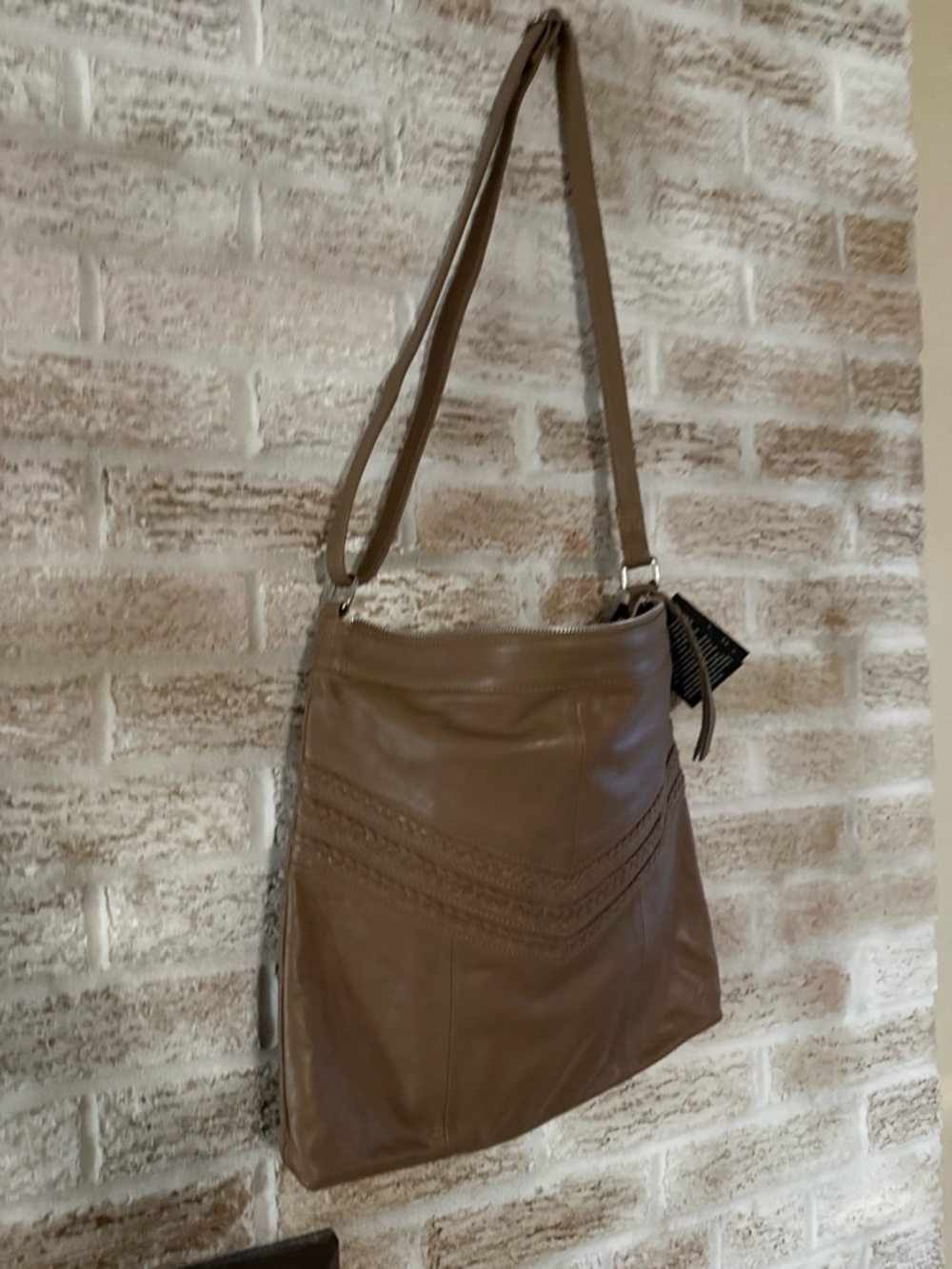 Taupe Leather Crossbody Tote - Women Bags
